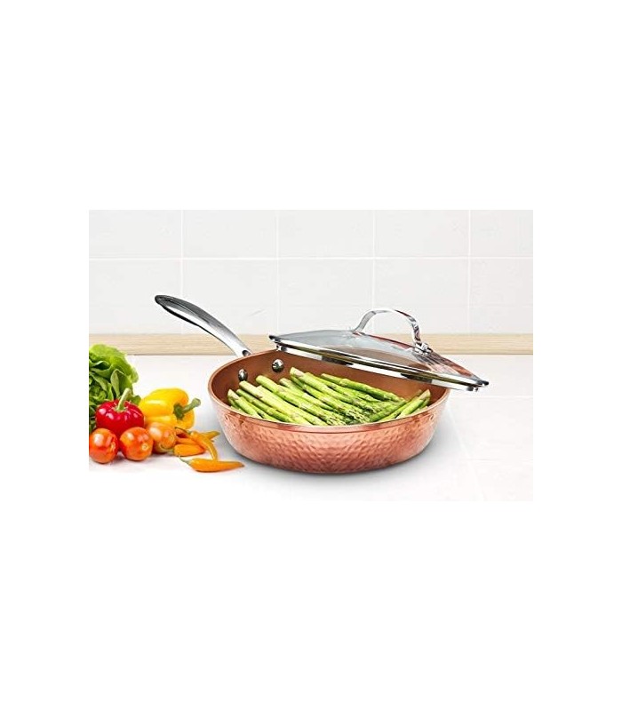 Coleção de cobre martelado de aço Gotham ' frigideira antiaderente de 10" com tampa, utensílios de cozinha premium, composição d