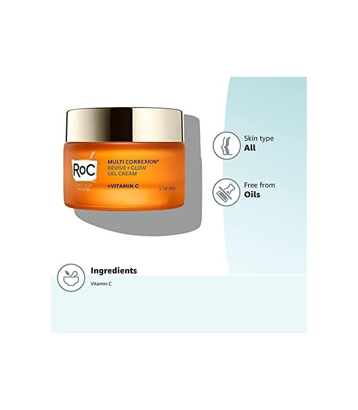 RoC Multi Correxion Revive + Glow 10% Vitamina C Blend Face Moisturizer, Anti-Aging Gel Cream para Instant Glow, Hypo-Allegenic