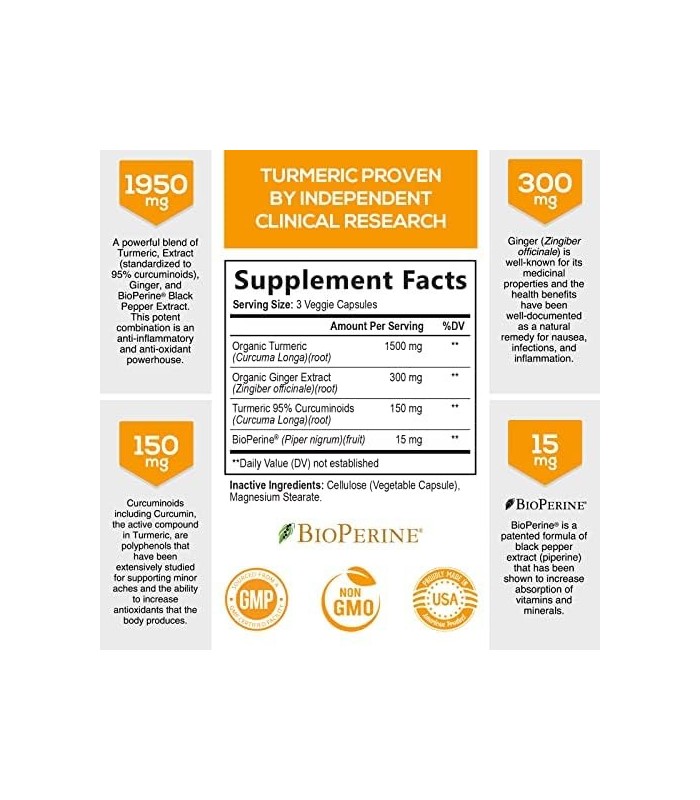 Cúrcuma Curcumina com BioPerine & Gengibre 95% Curcuminóides 1950mg - Suporte Inflamatório Natural das Articulações, Pimenta Pre