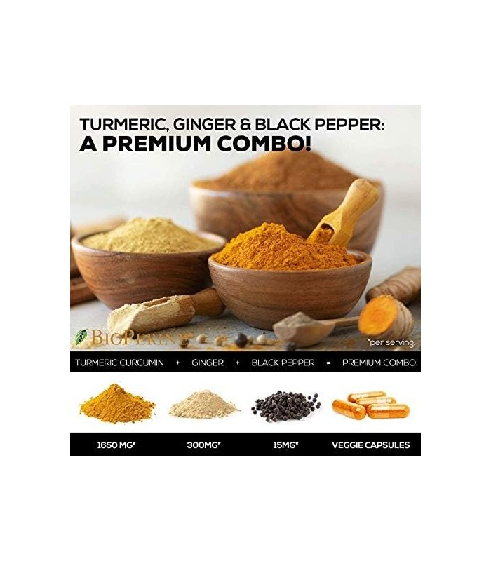 Cúrcuma Curcumina com BioPerine & Gengibre 95% Curcuminóides 1950mg - Suporte Inflamatório Natural das Articulações, Pimenta Pre