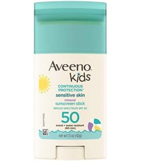 Aveeno Kids Protetor solar em bastão mineral de proteção contínua para pele sensível SPF 50, 100% óxido de zinco para rosto e co