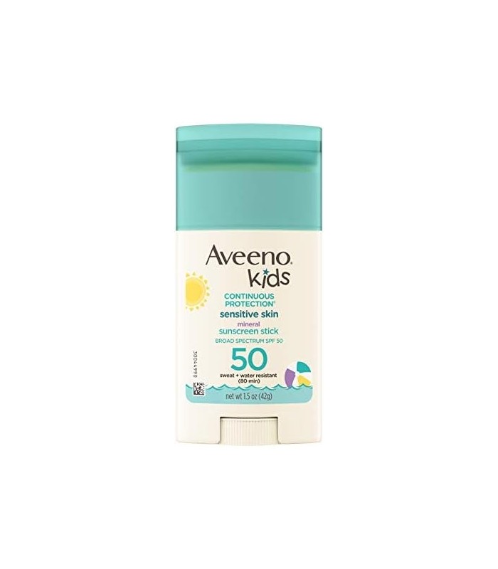 Aveeno Kids Protetor solar em bastão mineral de proteção contínua para pele sensível SPF 50, 100% óxido de zinco para rosto e co