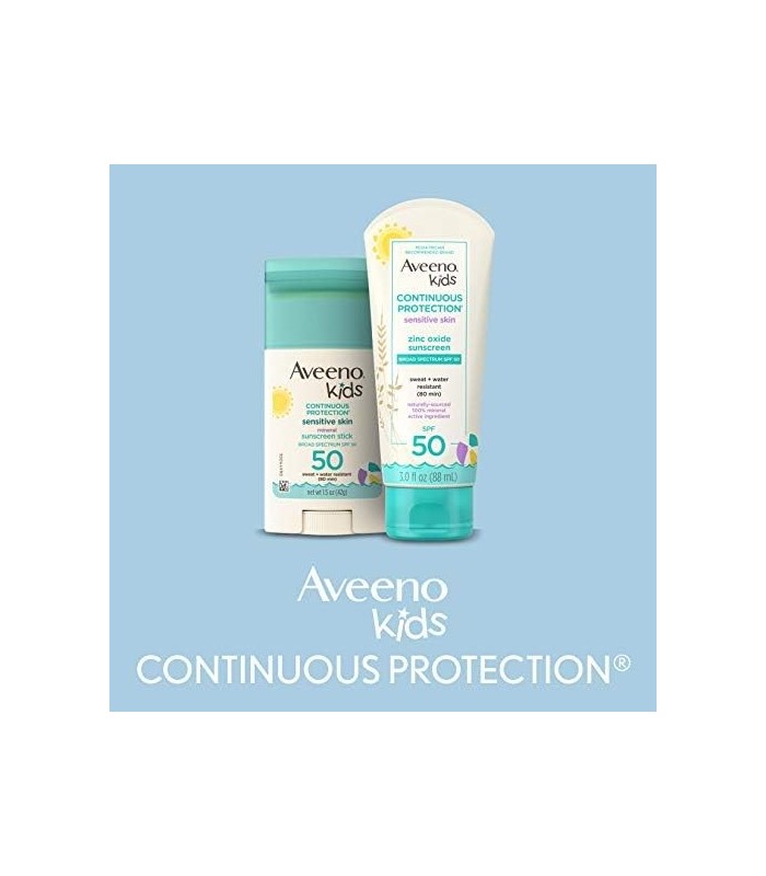Aveeno Kids Protetor solar em bastão mineral de proteção contínua para pele sensível SPF 50, 100% óxido de zinco para rosto e co