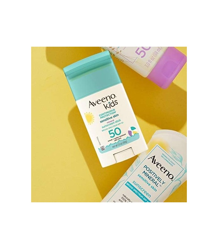 Aveeno Kids Protetor solar em bastão mineral de proteção contínua para pele sensível SPF 50, 100% óxido de zinco para rosto e co