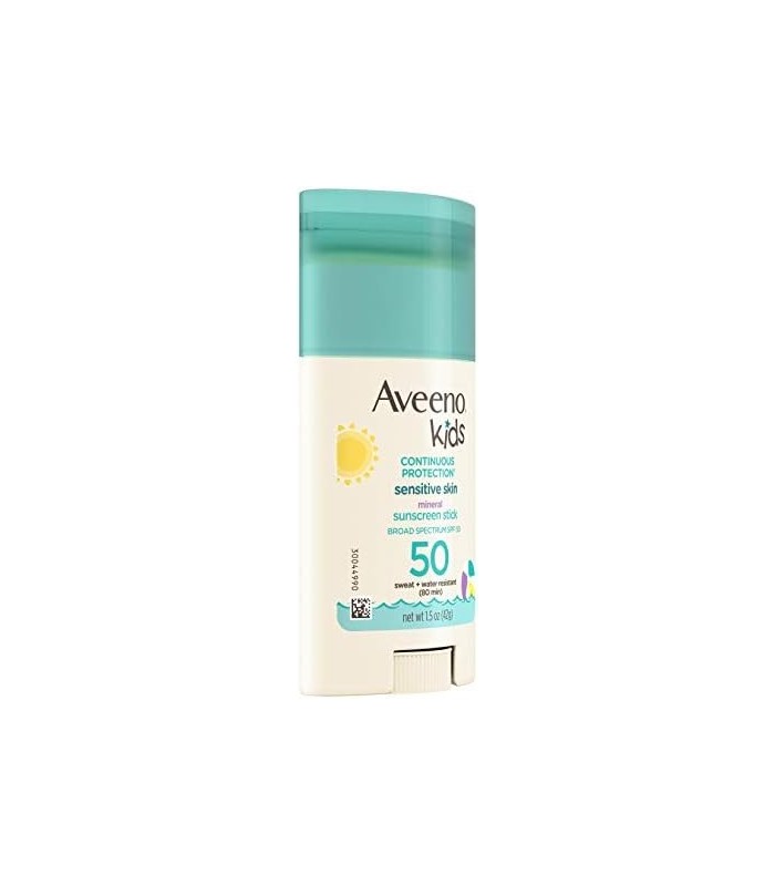 Aveeno Kids Protetor solar em bastão mineral de proteção contínua para pele sensível SPF 50, 100% óxido de zinco para rosto e co