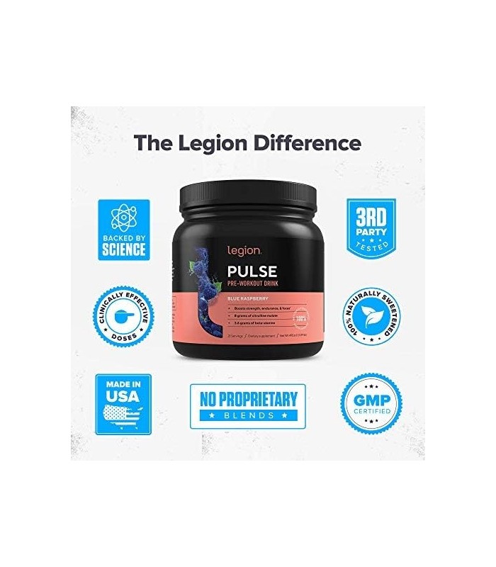 Suplemento pré-treino Legion Pulse - Bebida pré-treino totalmente natural de óxido nítrico para aumentar a energia, sem creatina
