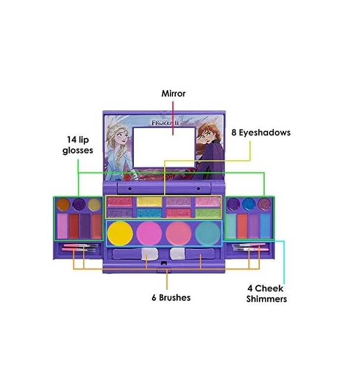 Disney Frozen 2 - Townley Girl Cosmetic Compact Set com espelho 22 brilhos labiais, 4 brilhos corporais, 6 pincéis coloridos, po