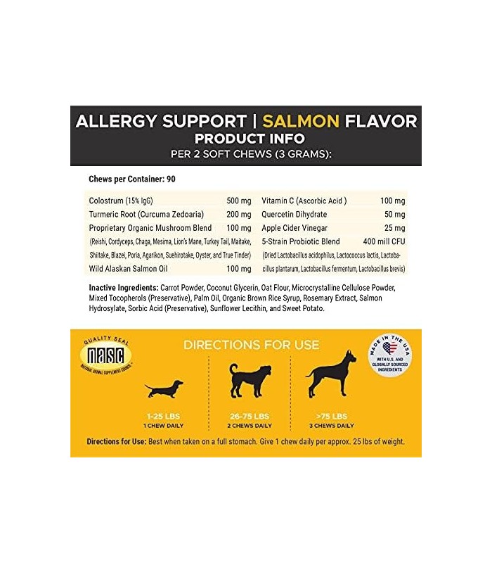 Pet Honesty Dog Allergy Relief Chews, Omega 3 Salmon Fish Oil Probiotic Supplement for Anti-Itch, Hot Spots, and Seasonal Allerg