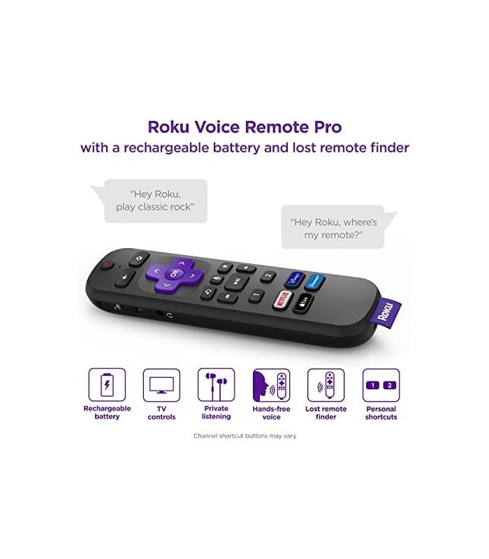 Roku Voice Remote Pro | Controle remoto de voz recarregável com controles de TV, localizador remoto perdido, audição privada, co