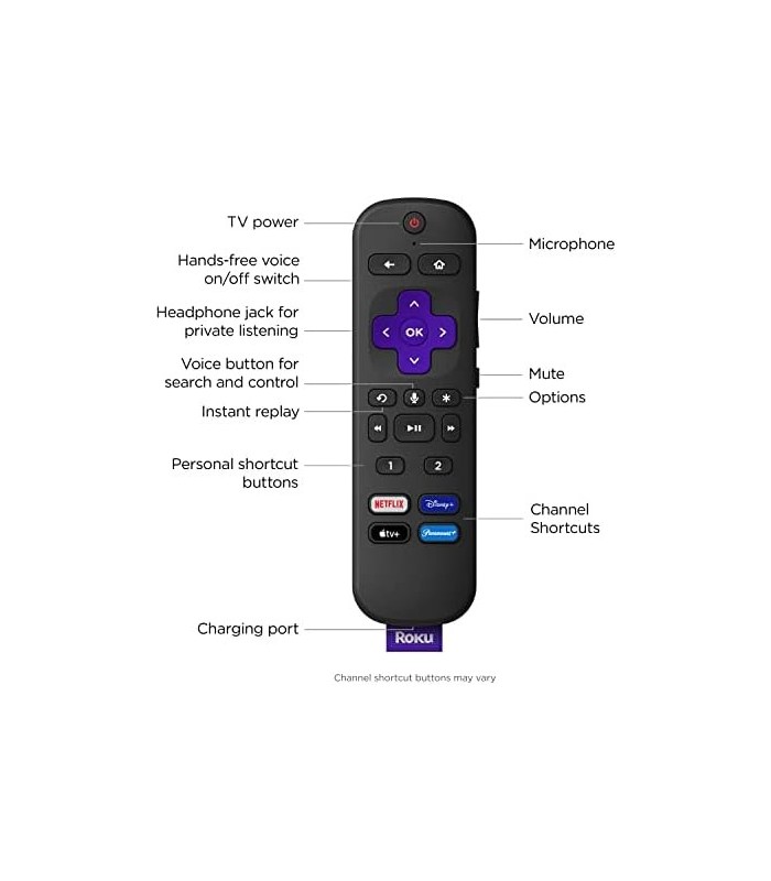Roku Voice Remote Pro | Controle remoto de voz recarregável com controles de TV, localizador remoto perdido, audição privada, co