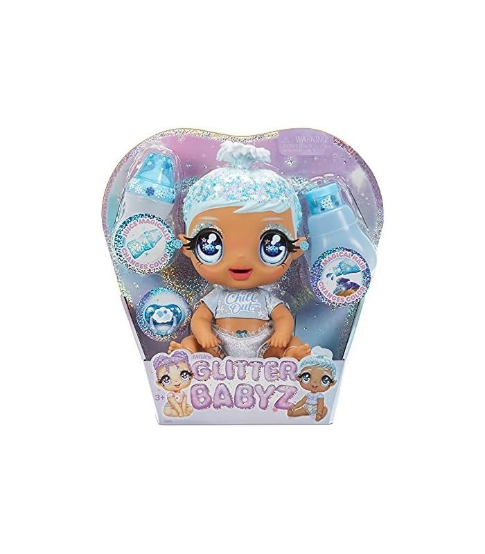 MGAS Glitter BABYZ Boneca de floco de neve de janeiro com 3 mudanças mágicas de cor, cabelo azul, roupa de flocos de neve de inv