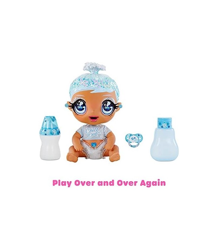 MGAS Glitter BABYZ Boneca de floco de neve de janeiro com 3 mudanças mágicas de cor, cabelo azul, roupa de flocos de neve de inv