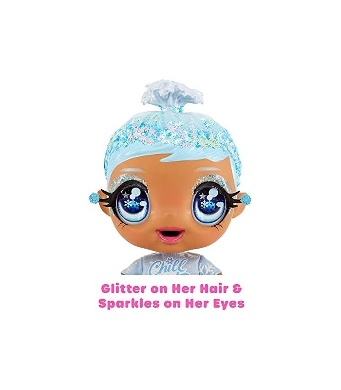 MGAS Glitter BABYZ Boneca de floco de neve de janeiro com 3 mudanças mágicas de cor, cabelo azul, roupa de flocos de neve de inv