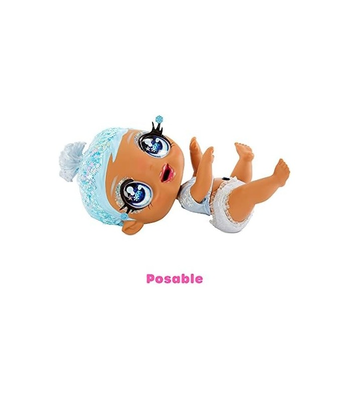 MGAS Glitter BABYZ Boneca de floco de neve de janeiro com 3 mudanças mágicas de cor, cabelo azul, roupa de flocos de neve de inv