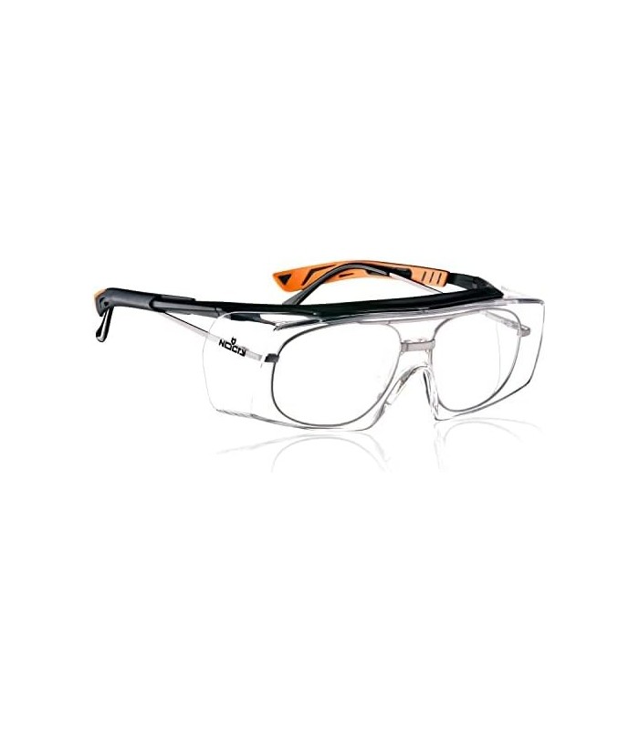 Óculos de segurança NoCry que se ajustam aos seus óculos graduados. Lentes envolventes transparentes anti-riscos, proteção UV400