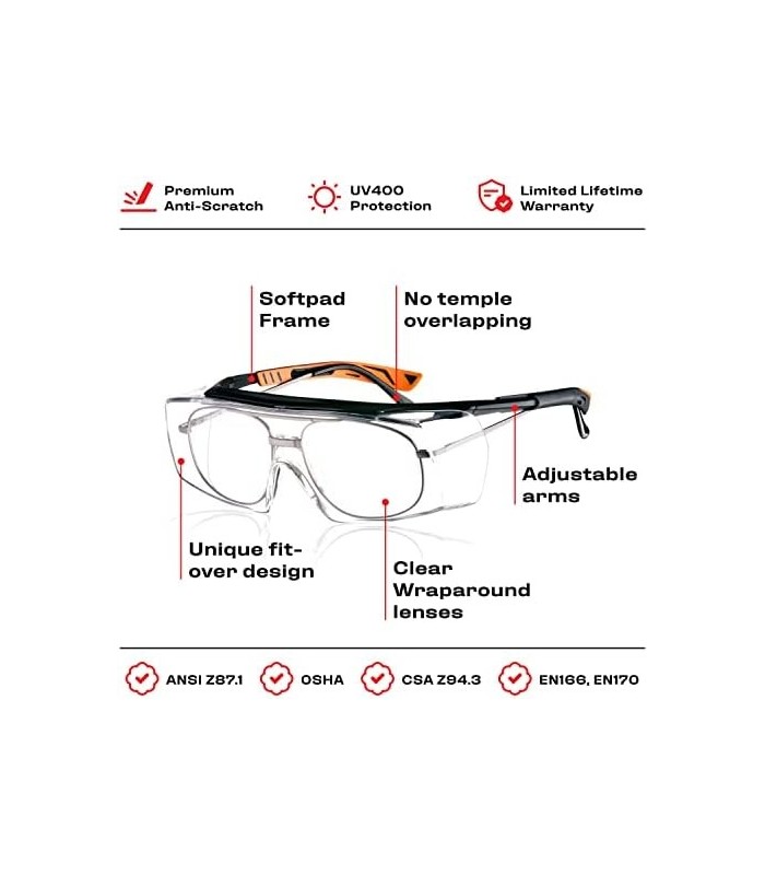 Óculos de segurança NoCry que se ajustam aos seus óculos graduados. Lentes envolventes transparentes anti-riscos, proteção UV400