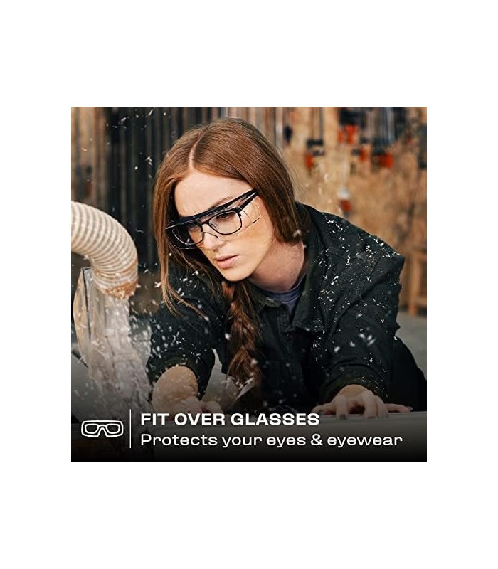 Óculos de segurança NoCry que se ajustam aos seus óculos graduados. Lentes envolventes transparentes anti-riscos, proteção UV400