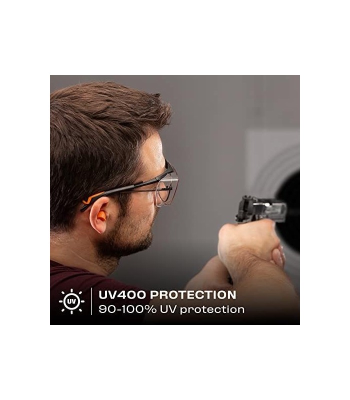 Óculos de segurança NoCry que se ajustam aos seus óculos graduados. Lentes envolventes transparentes anti-riscos, proteção UV400