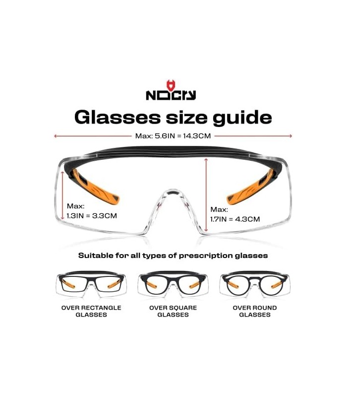 Óculos de segurança NoCry que se ajustam aos seus óculos graduados. Lentes envolventes transparentes anti-riscos, proteção UV400