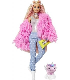 Boneca Barbie Extra 3 em casaco fofo rosa com cabelo frisado extra longo de animal de estimação, incluindo bolsa de barra de cho
