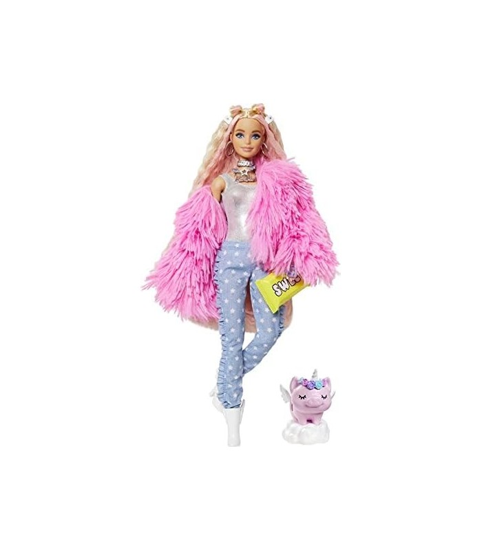 Boneca Barbie Extra 3 em casaco fofo rosa com cabelo frisado extra longo de animal de estimação, incluindo bolsa de barra de cho