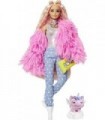 Boneca Barbie Extra 3 em casaco fofo rosa com cabelo frisado extra longo de animal de estimação, incluindo bolsa de barra de cho
