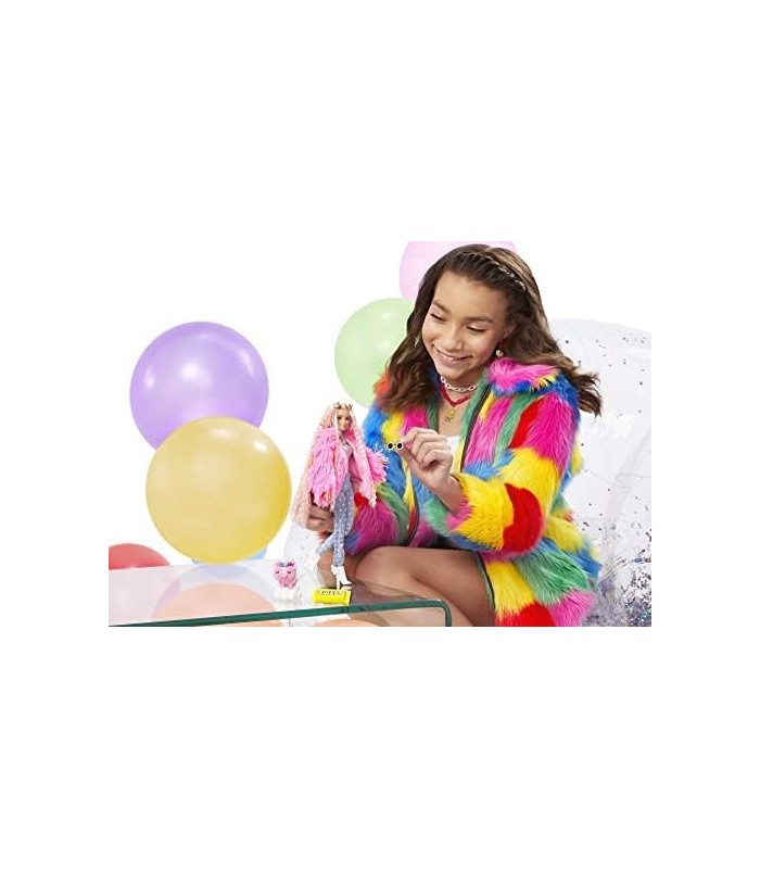 Boneca Barbie Extra 3 em casaco fofo rosa com cabelo frisado extra longo de animal de estimação, incluindo bolsa de barra de cho