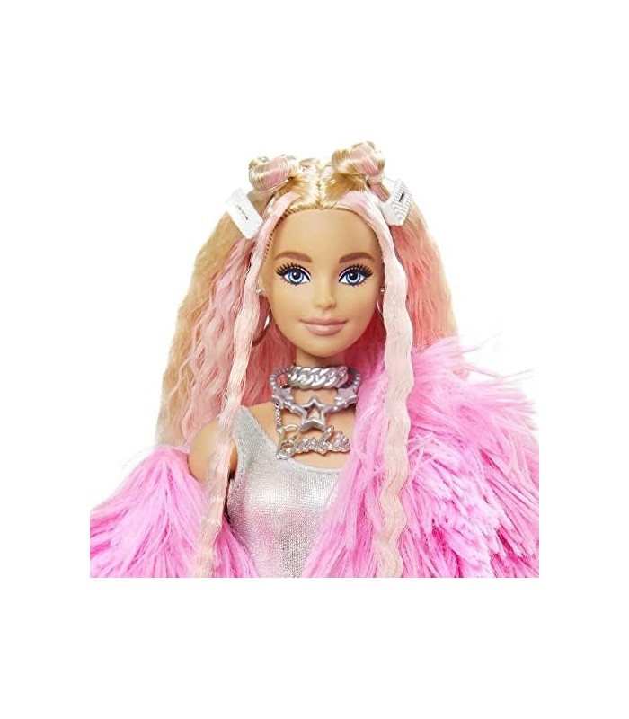 Boneca Barbie Extra 3 em casaco fofo rosa com cabelo frisado extra longo de animal de estimação, incluindo bolsa de barra de cho