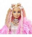 Boneca Barbie Extra 3 em casaco fofo rosa com cabelo frisado extra longo de animal de estimação, incluindo bolsa de barra de cho