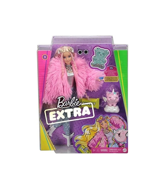 Boneca Barbie Extra 3 em casaco fofo rosa com cabelo frisado extra longo de animal de estimação, incluindo bolsa de barra de cho