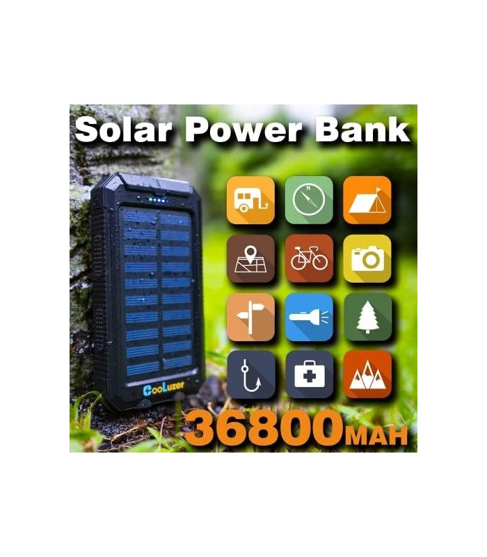 Solar Power Bank 36800mah, Carregador Solar Power Bank com saídas 18W PD 5V 3.1A, IP67 à prova døágua, Bateria de grau A+ com LE