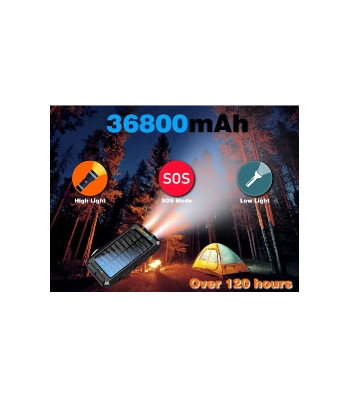 Solar Power Bank 36800mah, Carregador Solar Power Bank com saídas 18W PD 5V 3.1A, IP67 à prova døágua, Bateria de grau A+ com LE