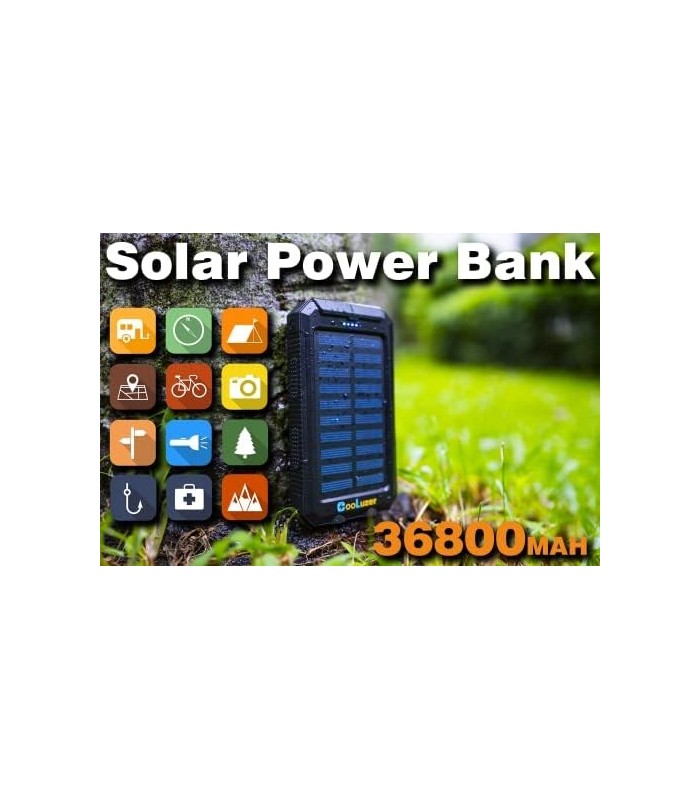 Solar Power Bank 36800mah, Carregador Solar Power Bank com saídas 18W PD 5V 3.1A, IP67 à prova døágua, Bateria de grau A+ com LE