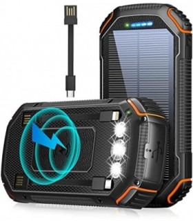 Banco de energia solar 36000mAh, Carregador solar Qi sem fio embutido em 3 cabos IPX5 à prova døágua portátil Solar Bateria exte