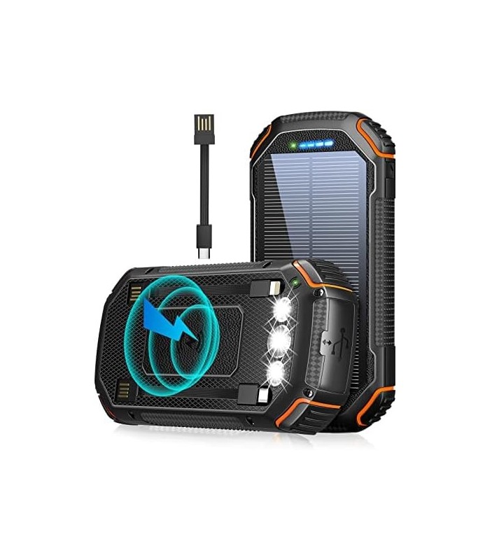 Banco de energia solar 36000mAh, Carregador solar Qi sem fio embutido em 3 cabos IPX5 à prova døágua portátil Solar Bateria exte