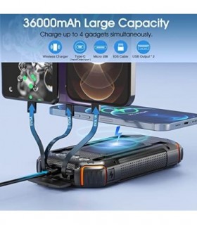 Banco de energia solar 36000mAh, Carregador solar Qi sem fio embutido em 3 cabos IPX5 à prova døágua portátil Solar Bateria exte