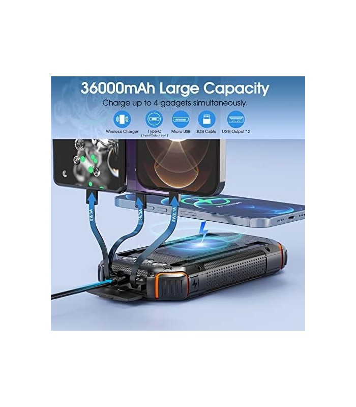 Banco de energia solar 36000mAh, Carregador solar Qi sem fio embutido em 3 cabos IPX5 à prova døágua portátil Solar Bateria exte