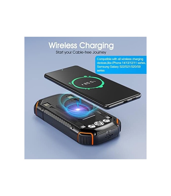 Banco de energia solar 36000mAh, Carregador solar Qi sem fio embutido em 3 cabos IPX5 à prova døágua portátil Solar Bateria exte