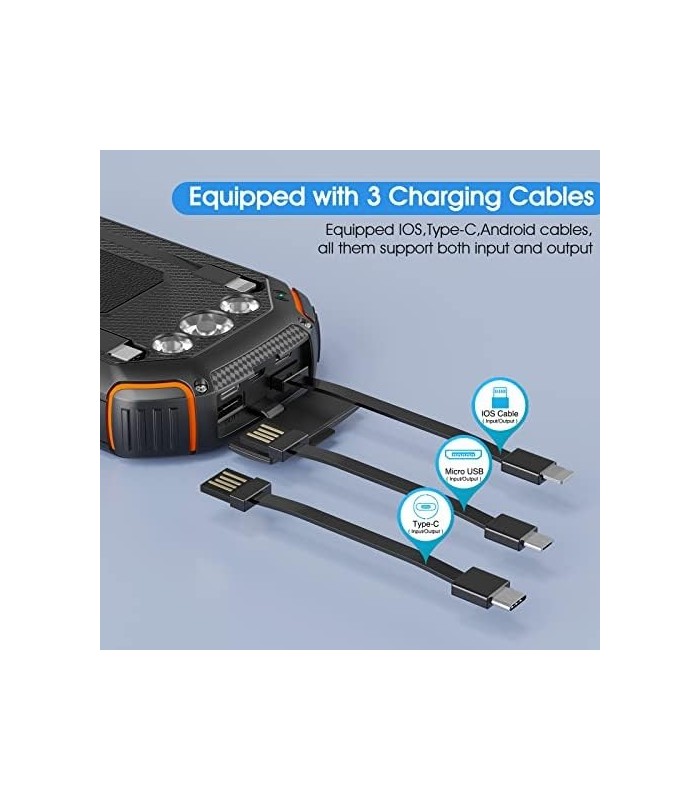 Banco de energia solar 36000mAh, Carregador solar Qi sem fio embutido em 3 cabos IPX5 à prova døágua portátil Solar Bateria exte