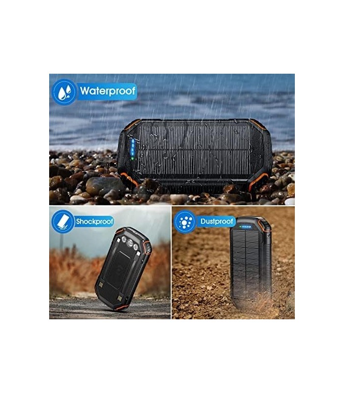 Banco de energia solar 36000mAh, Carregador solar Qi sem fio embutido em 3 cabos IPX5 à prova døágua portátil Solar Bateria exte