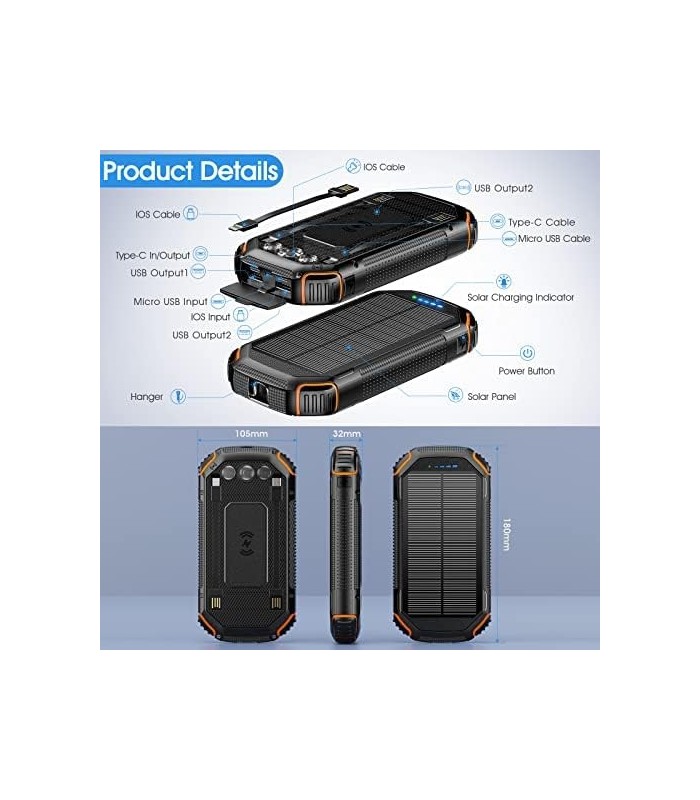 Banco de energia solar 36000mAh, Carregador solar Qi sem fio embutido em 3 cabos IPX5 à prova døágua portátil Solar Bateria exte