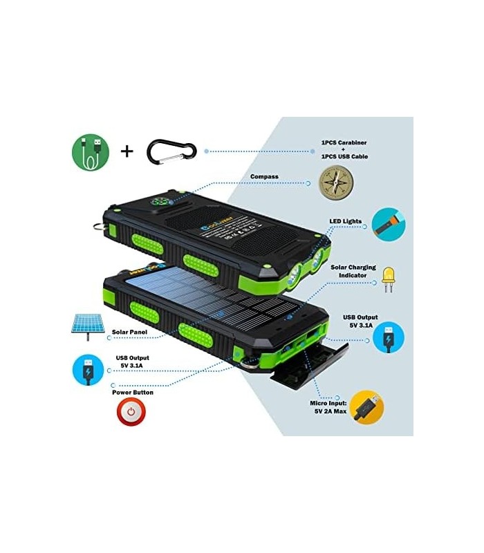 Carregador Solar Power Bank 36800mah, 18W PD 5V * 3.1A Carregamento rápido, QC3.0 Carregador portátil Solar Power Bank, IP67 Ace