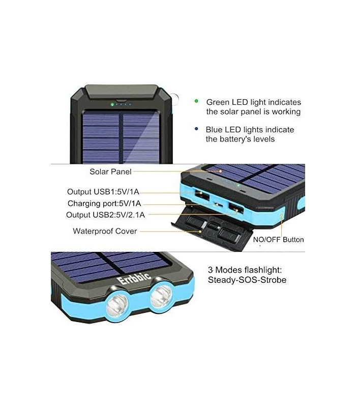ERRBBIC Solar Power Bank Carregador Portátil 20000mAh Carregador de Backup de Bateria À Prova Dø Água Carregador de Painel Solar