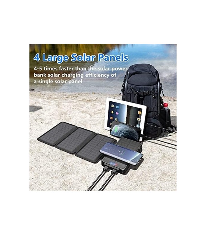 Carregador solar 38800mAh Banco de energia solar com saídas duplas 5V3.1A 10W Qi Carregador sem fio à prova døágua Painel solar