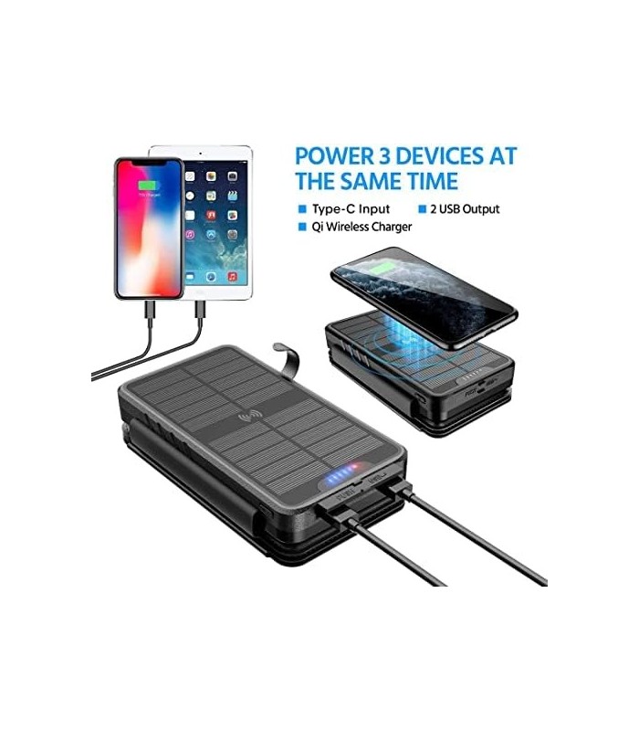 Carregador solar 38800mAh Banco de energia solar com saídas duplas 5V3.1A 10W Qi Carregador sem fio à prova døágua Painel solar