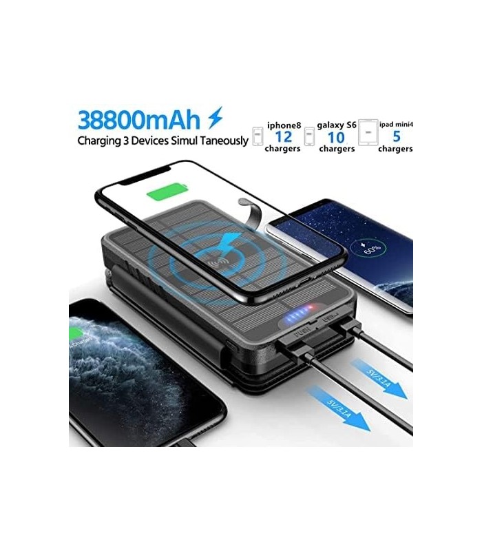 Carregador solar 38800mAh Banco de energia solar com saídas duplas 5V3.1A 10W Qi Carregador sem fio à prova døágua Painel solar