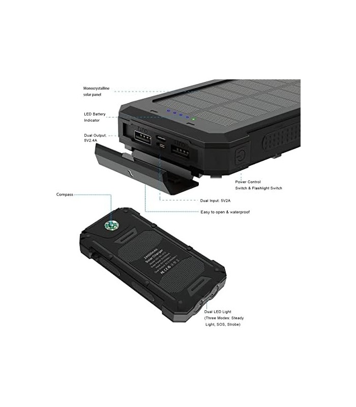 X-DRAGON Solar Power Bank 24000mAh Bateria externa Carregador portátil, saída dupla de 5V USB, bússola dupla integrada, carregam