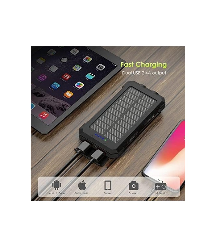 X-DRAGON Solar Power Bank 24000mAh Bateria externa Carregador portátil, saída dupla de 5V USB, bússola dupla integrada, carregam