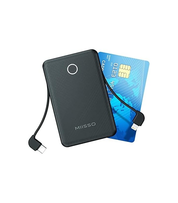 6000mah Ultra Slim Cabos embutidos Power Bank, Tamanho do cartão Cabos USB C integrados Bateria Carregador portátil para telefon