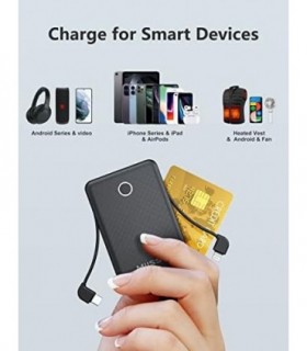 6000mah Ultra Slim Cabos embutidos Power Bank, Tamanho do cartão Cabos USB C integrados Bateria Carregador portátil para telefon